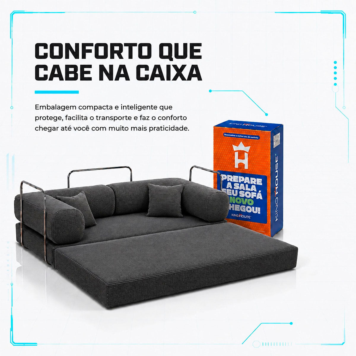 Sofá Cama Chegada Espuma á Vácuo 3 Lugares 2,02m Veludo Cotelê Cinza Grafite