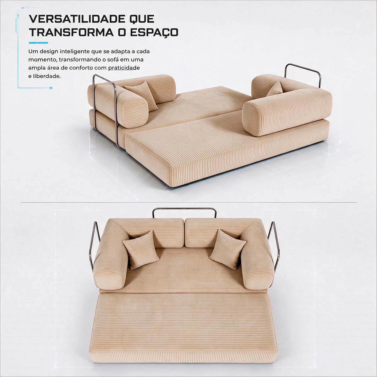 Sofá Cama Chegada Molas Ensacadas á Vácuo 3 Lugares 2,02m Veludo Cotelê Bege