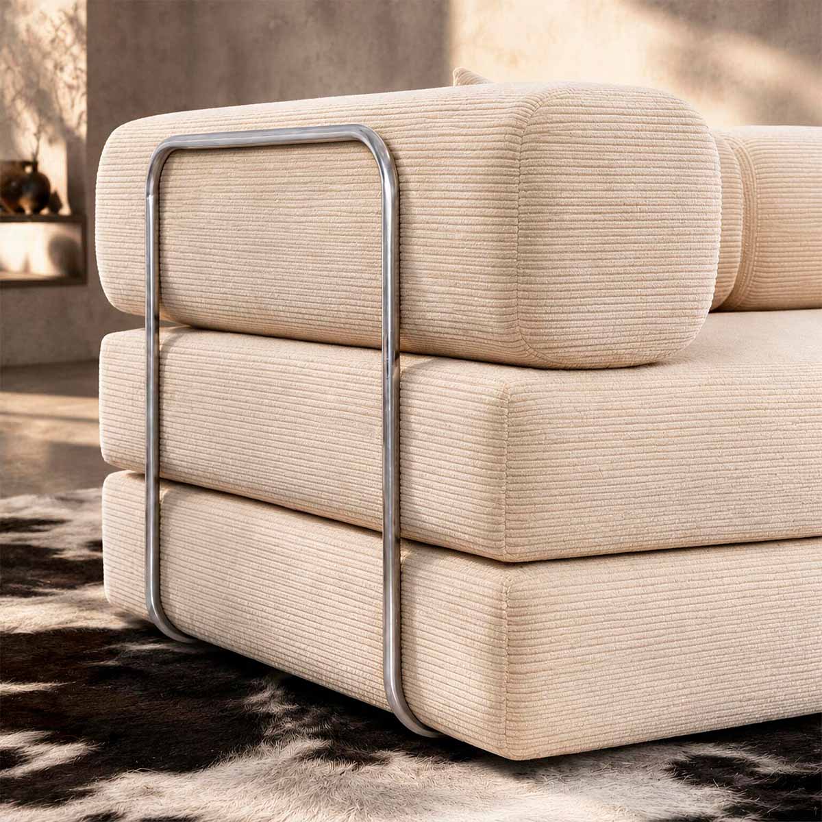 Sofá Cama Chegada Molas Ensacadas á Vácuo 3 Lugares 2,02m Veludo Cotelê Bege