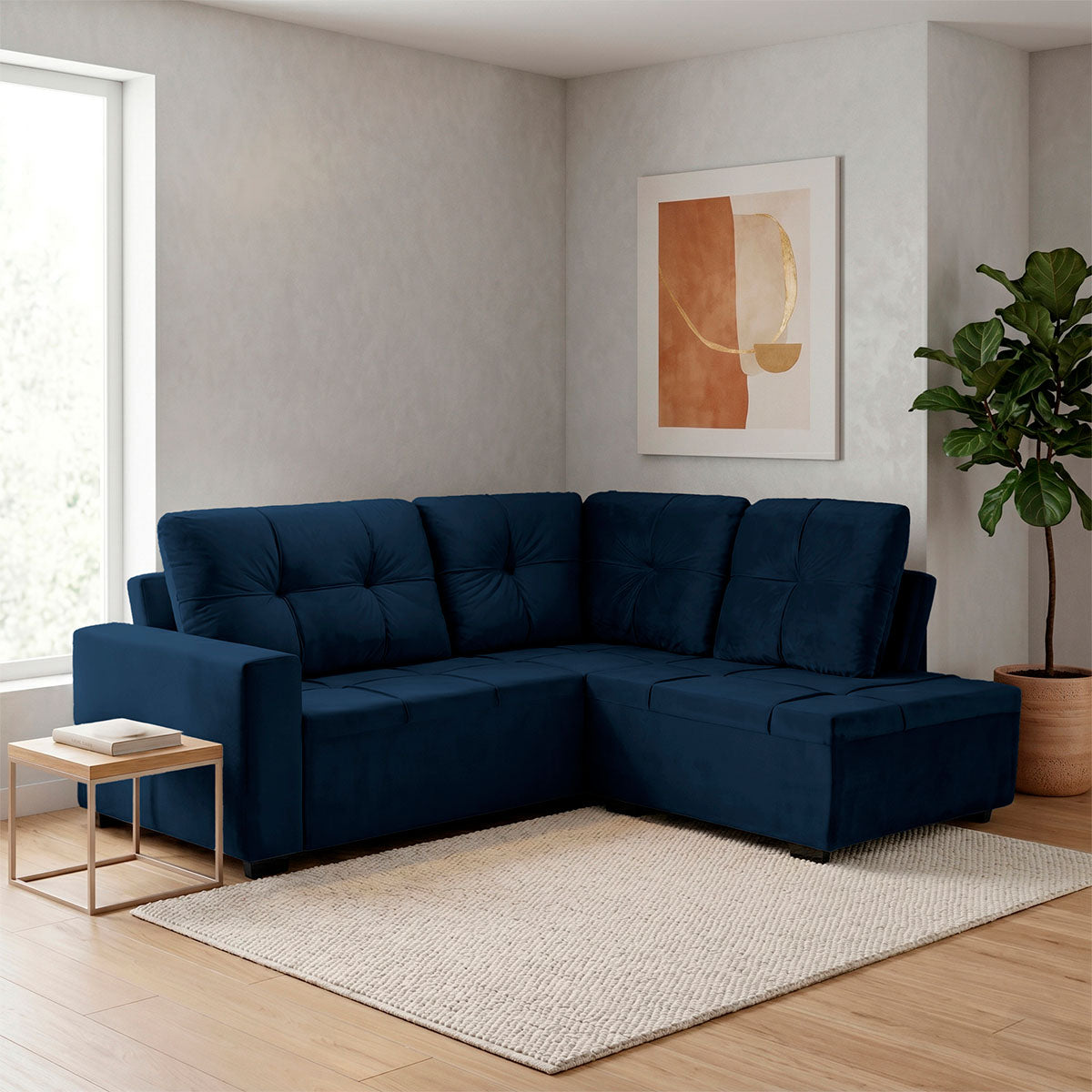 Sofá de Canto com Chaise Ibarra Suede Velut Azul