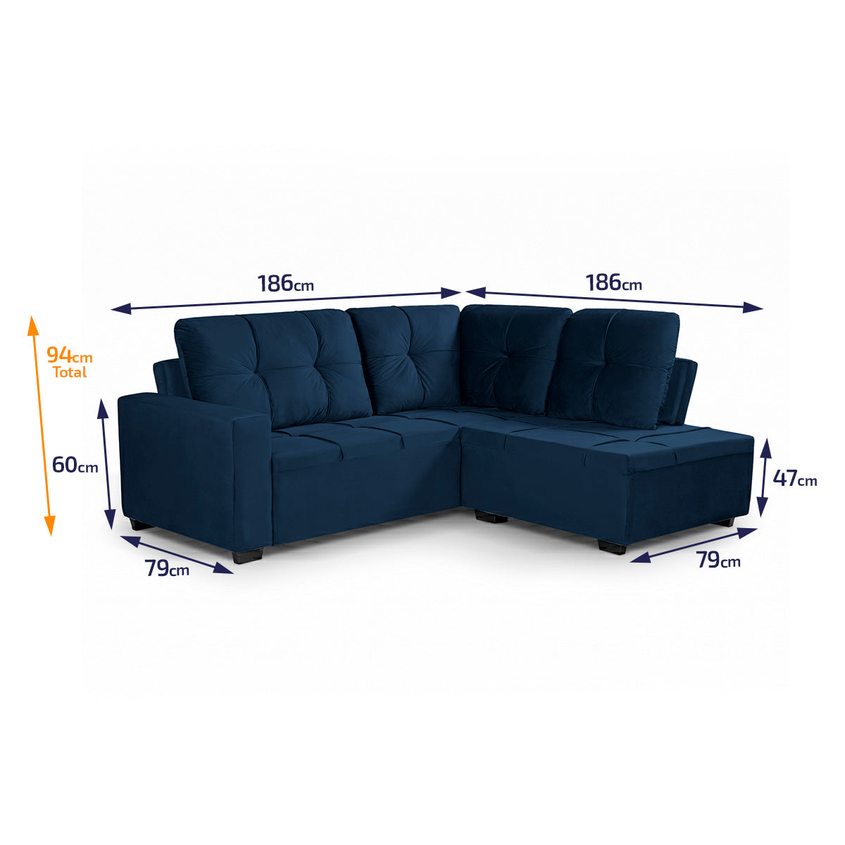 Sofá de Canto com Chaise Ibarra Suede Velut Azul
