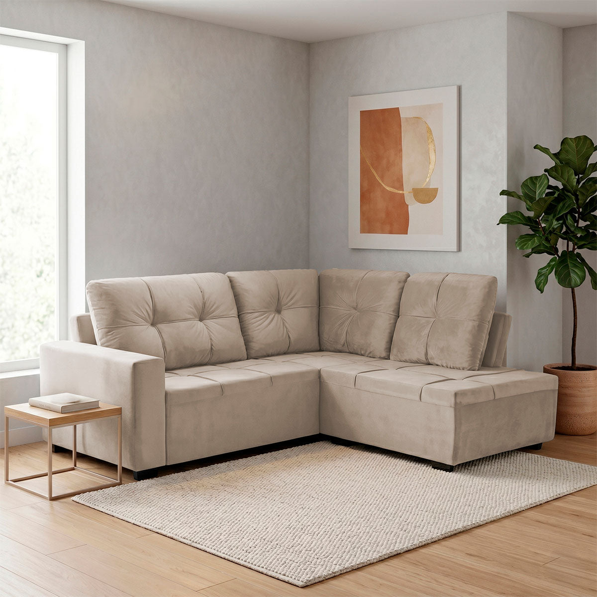 Sofá de Canto com Chaise Ibarra Suede Velut Bege