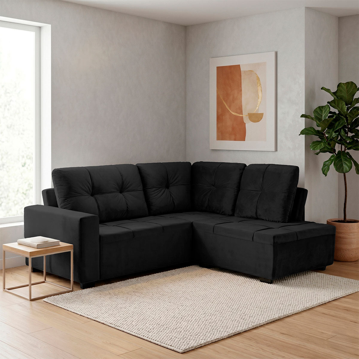 Sofá de Canto com Chaise Ibarra Suede Velut Preto