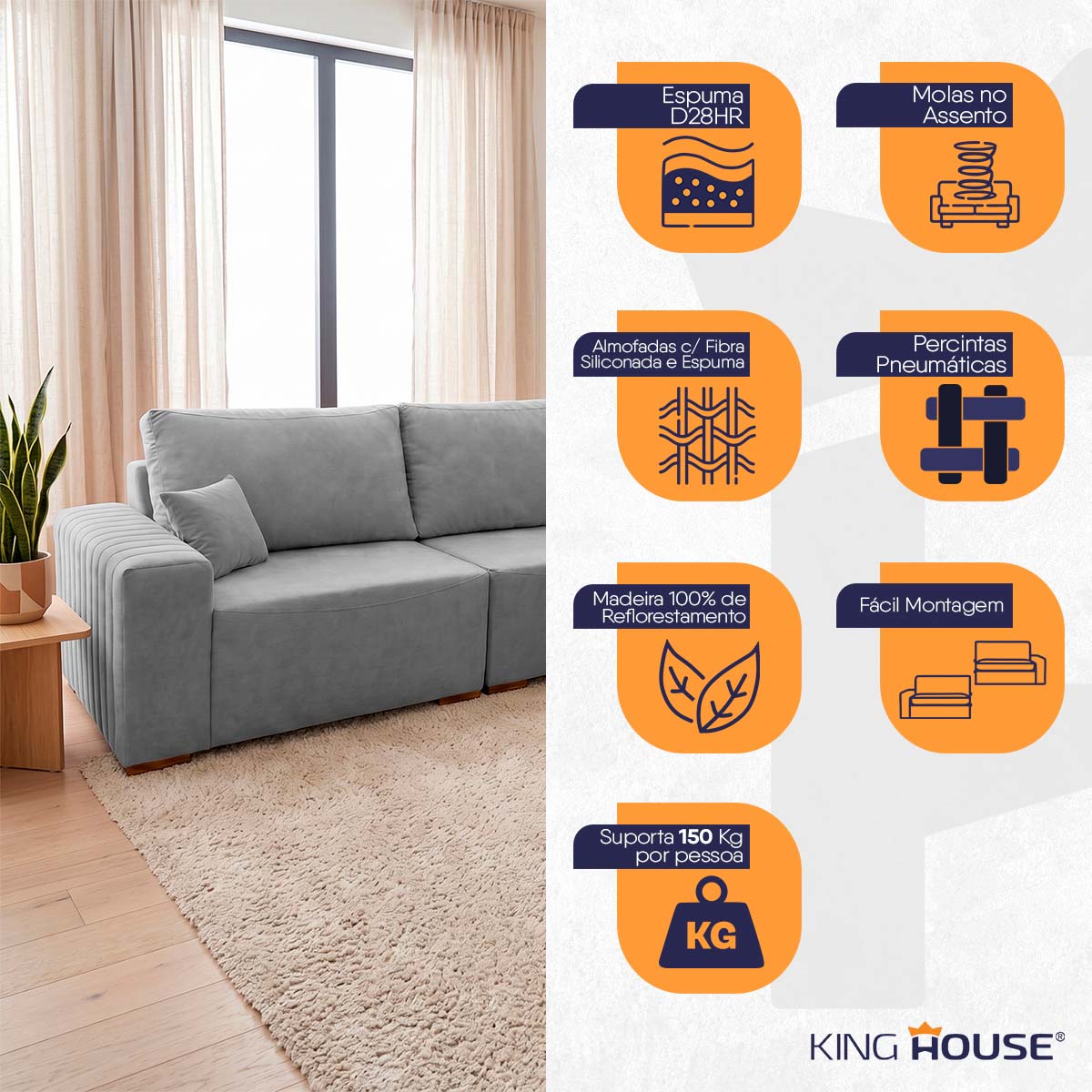 Sofá Modular Kavak 3,31m Bouclê Cinza Com Chaise