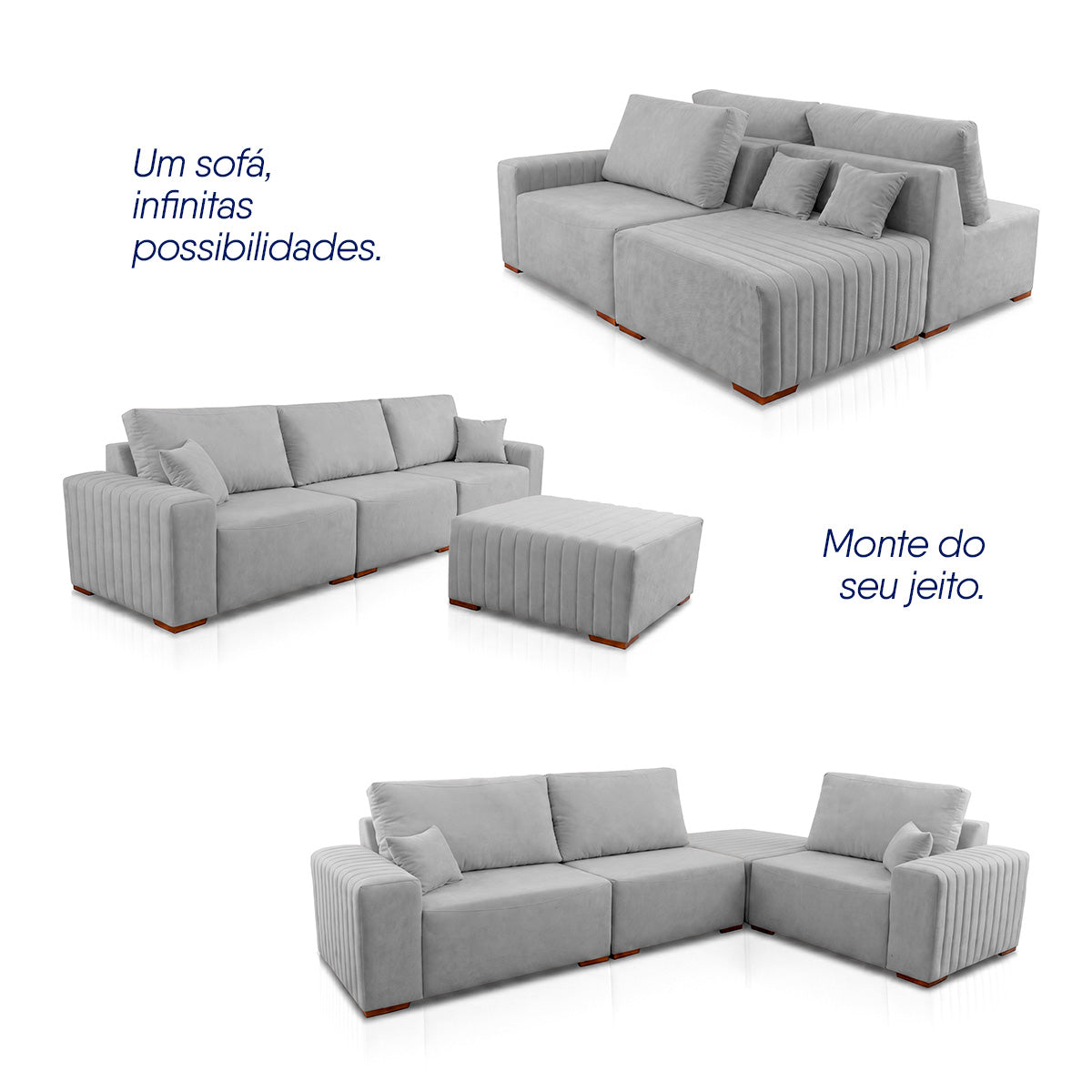 Sofá Modular Kavak 3,31m Bouclê Cinza Com Chaise