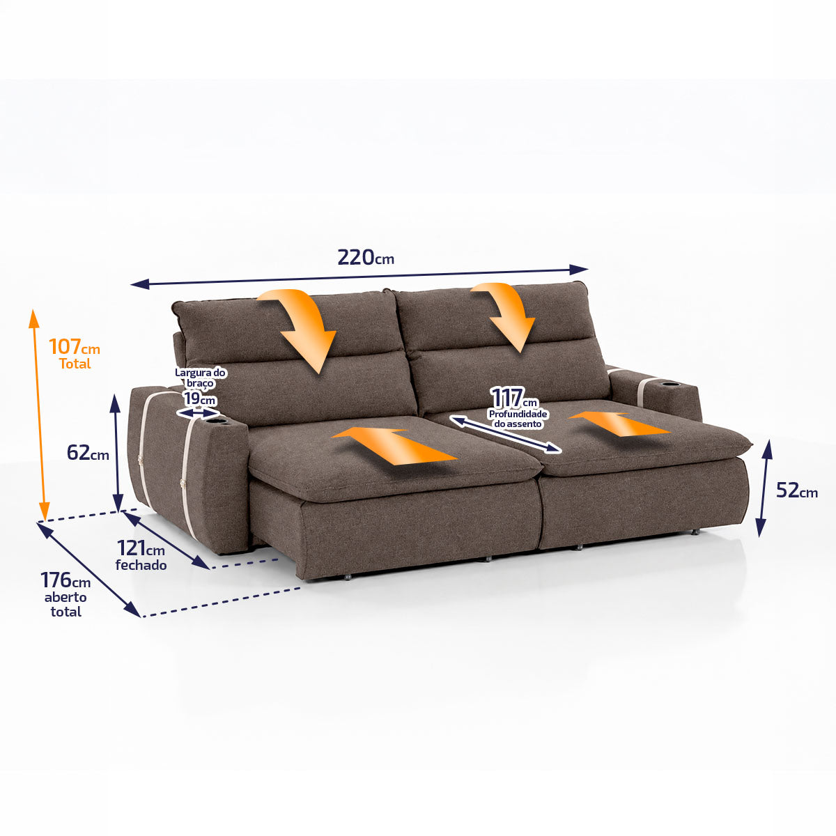 Sofá Retrátil Reclinável Lugano 2,20m USB Porta Copos Linho