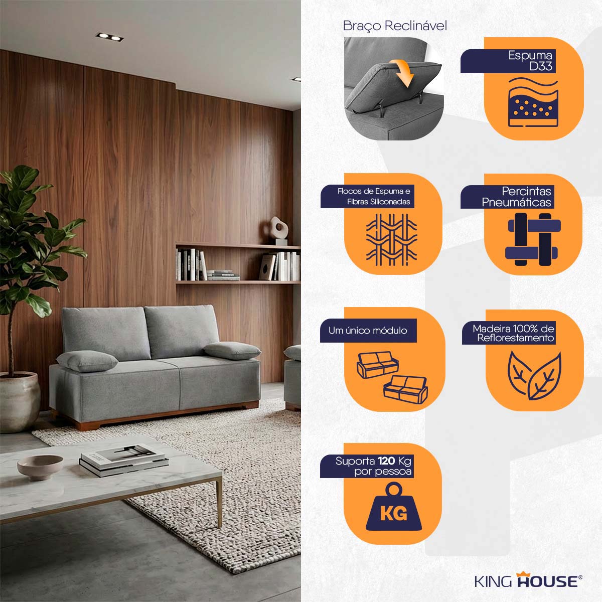 Conjunto Sofá Living Montblanc 3 e 2 Bouclê Cinza Braços Reclináveis