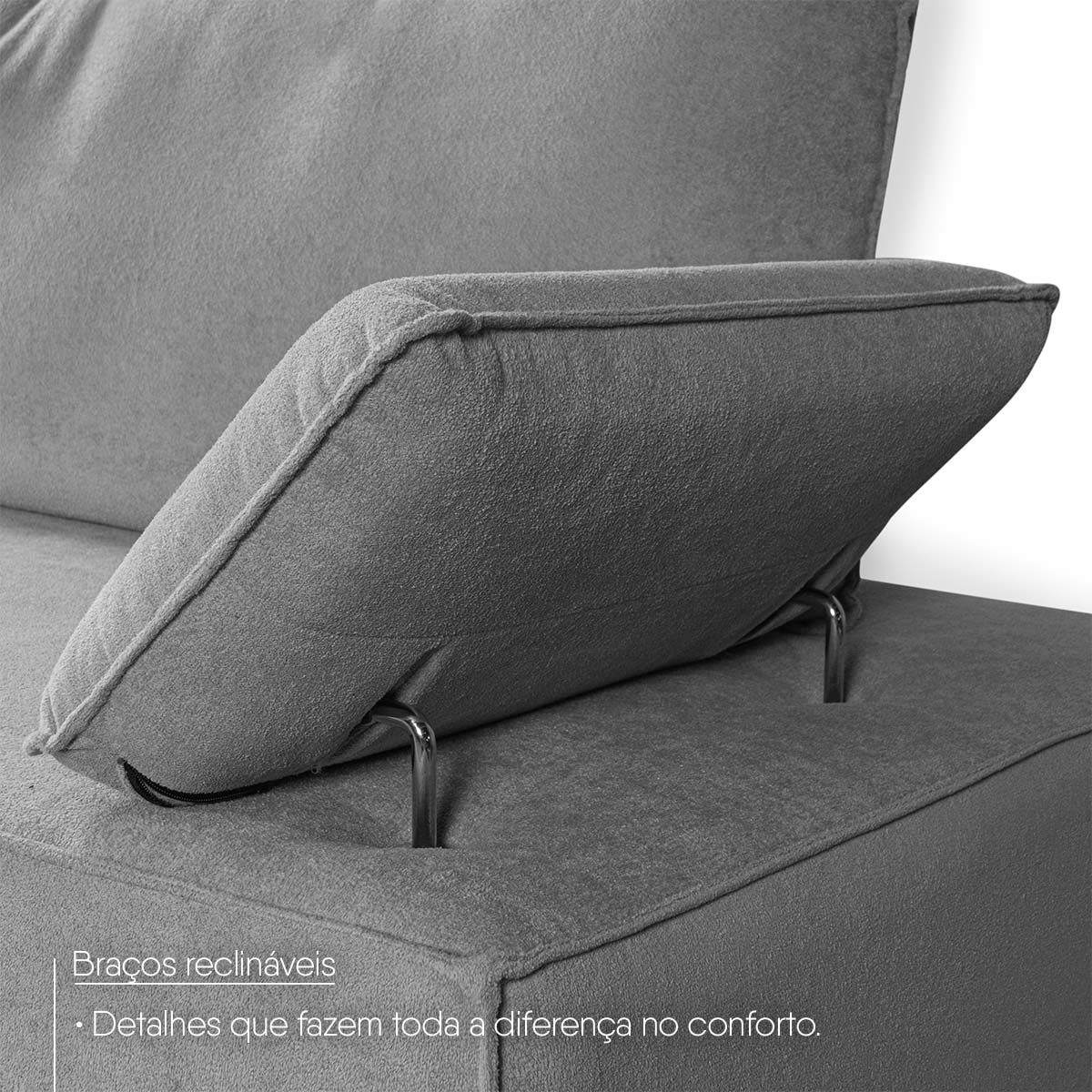 Conjunto Sofá Living Montblanc 3 e 2 Bouclê Cinza Braços Reclináveis