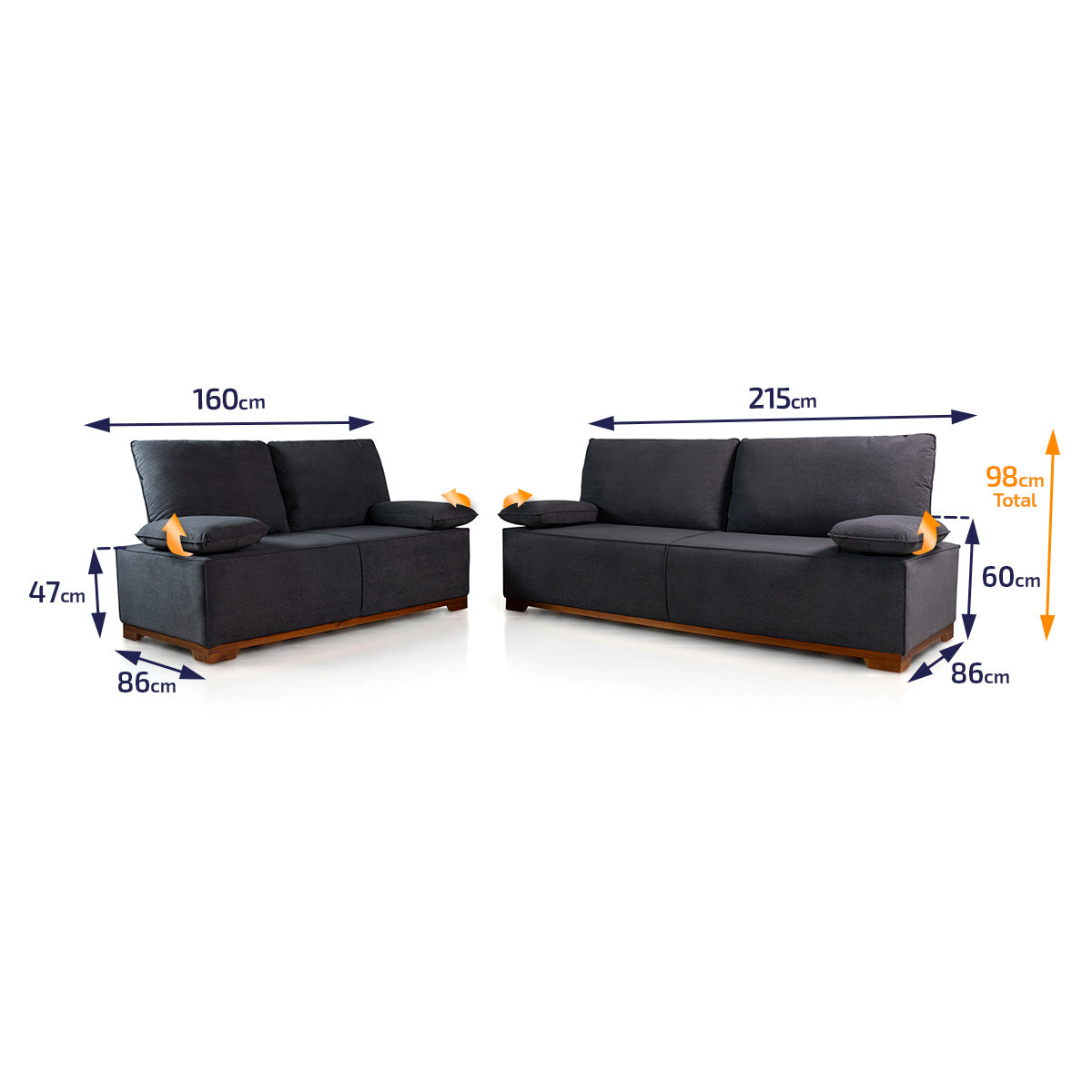Conjunto Sofá Living Montblanc 3 e 2 Bouclê Grafite Braços Reclináveis