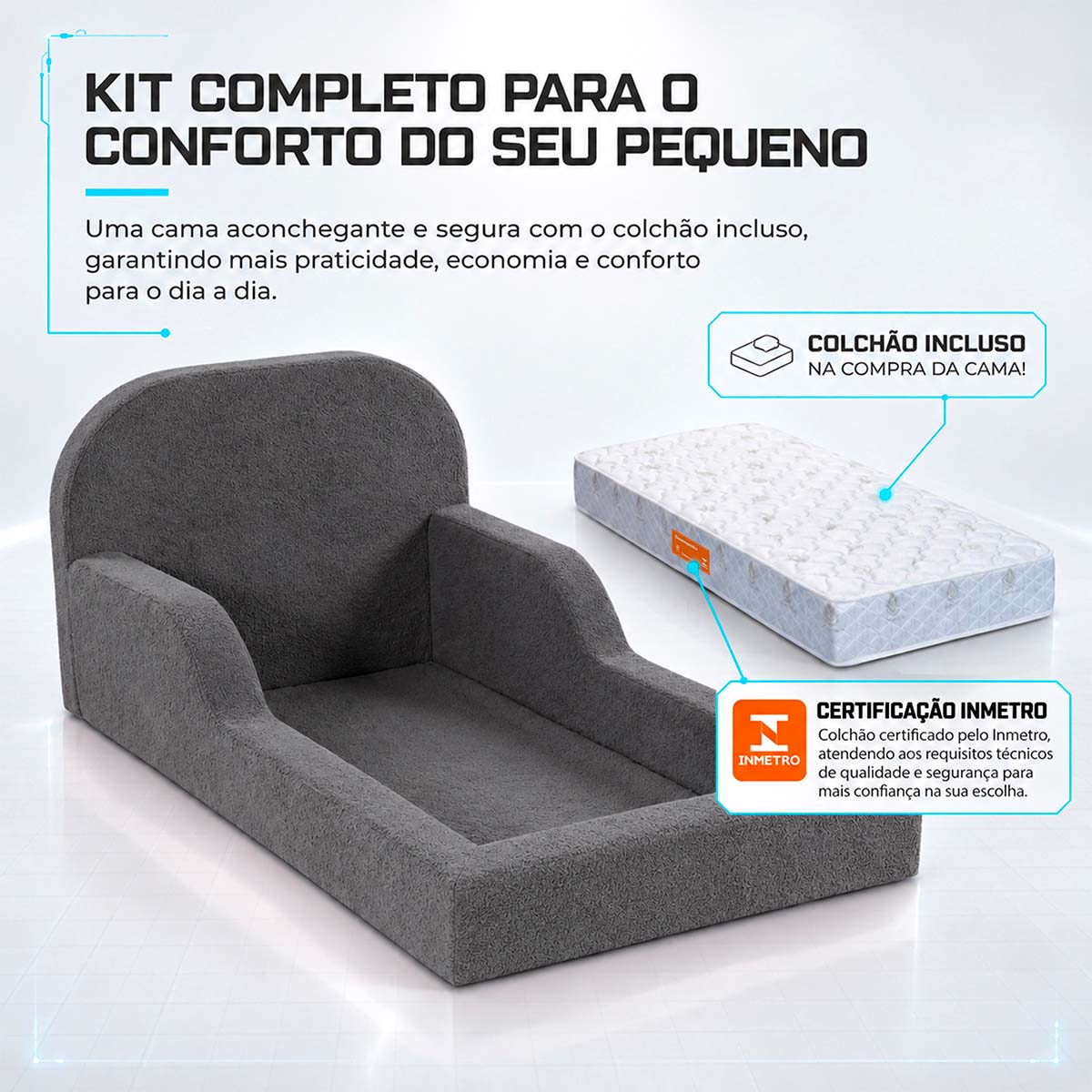 Cama Montessoriana Pamplona Espuma á Vácuo Solteiro Bouclê Cinza