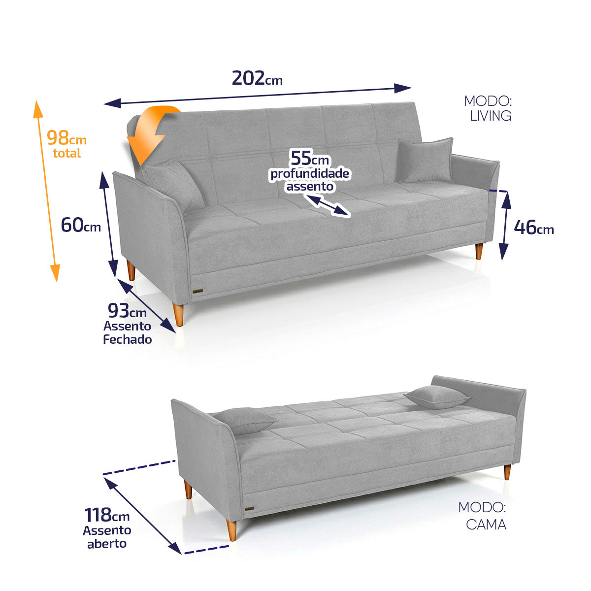Sofá Cama Sérvia 2,02m Reclinável Bouclê Cinza