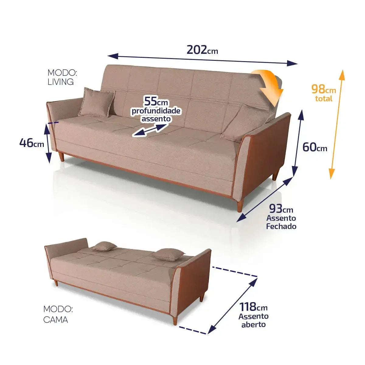 Sofá-cama Sérvia 2,0m bege linho rústico, com dimensões detalhadas nos modos living e cama.