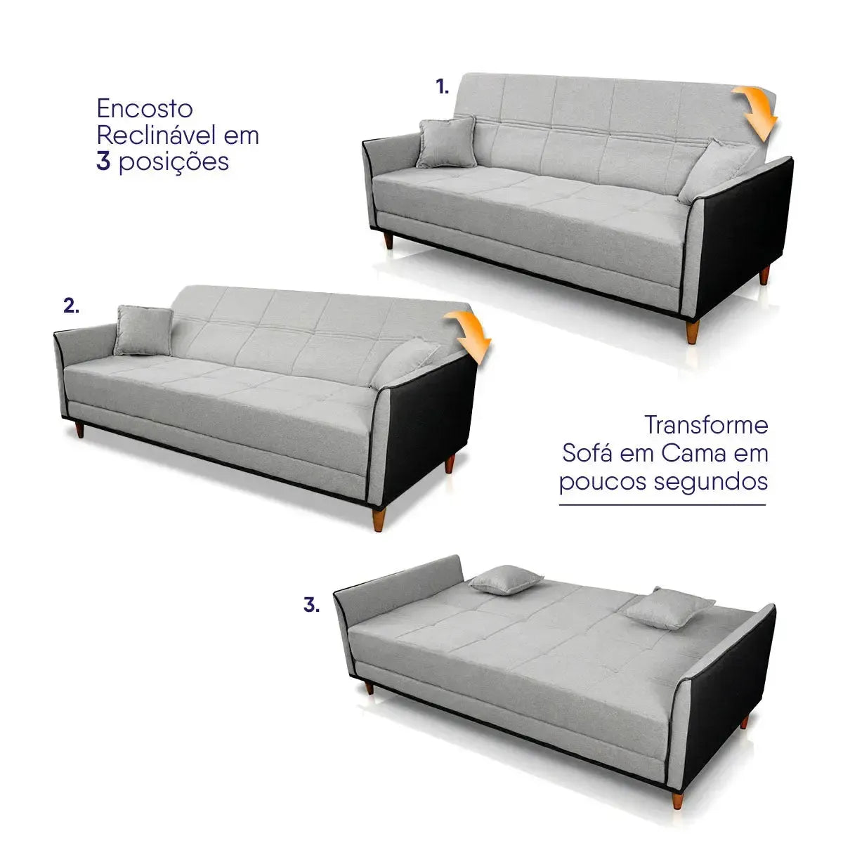 Sofá-cama Sérvia cinza linho rústico, com encosto reclinável em 3 posições, transformando-se em cama.