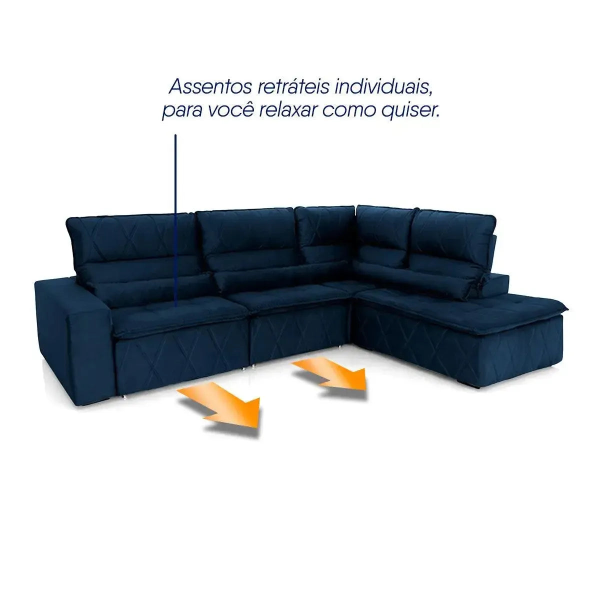 Sofá de canto Amsterdam azul em suede velut, retrátil e reclinável, com assentos individuais.