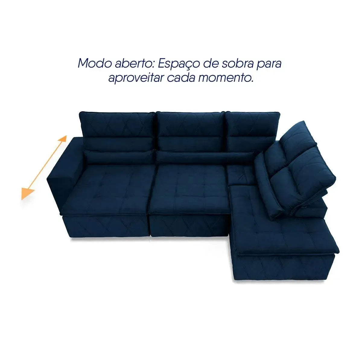 Sofá de canto Amsterdam azul retrátil e reclinável em suede velut, com molas, no modo aberto.
