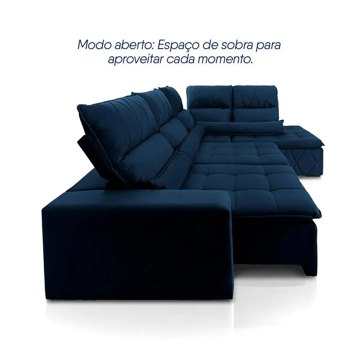 Sofá de canto Amsterdam azul marinho em suede velut, retrátil e reclinável, com molas.