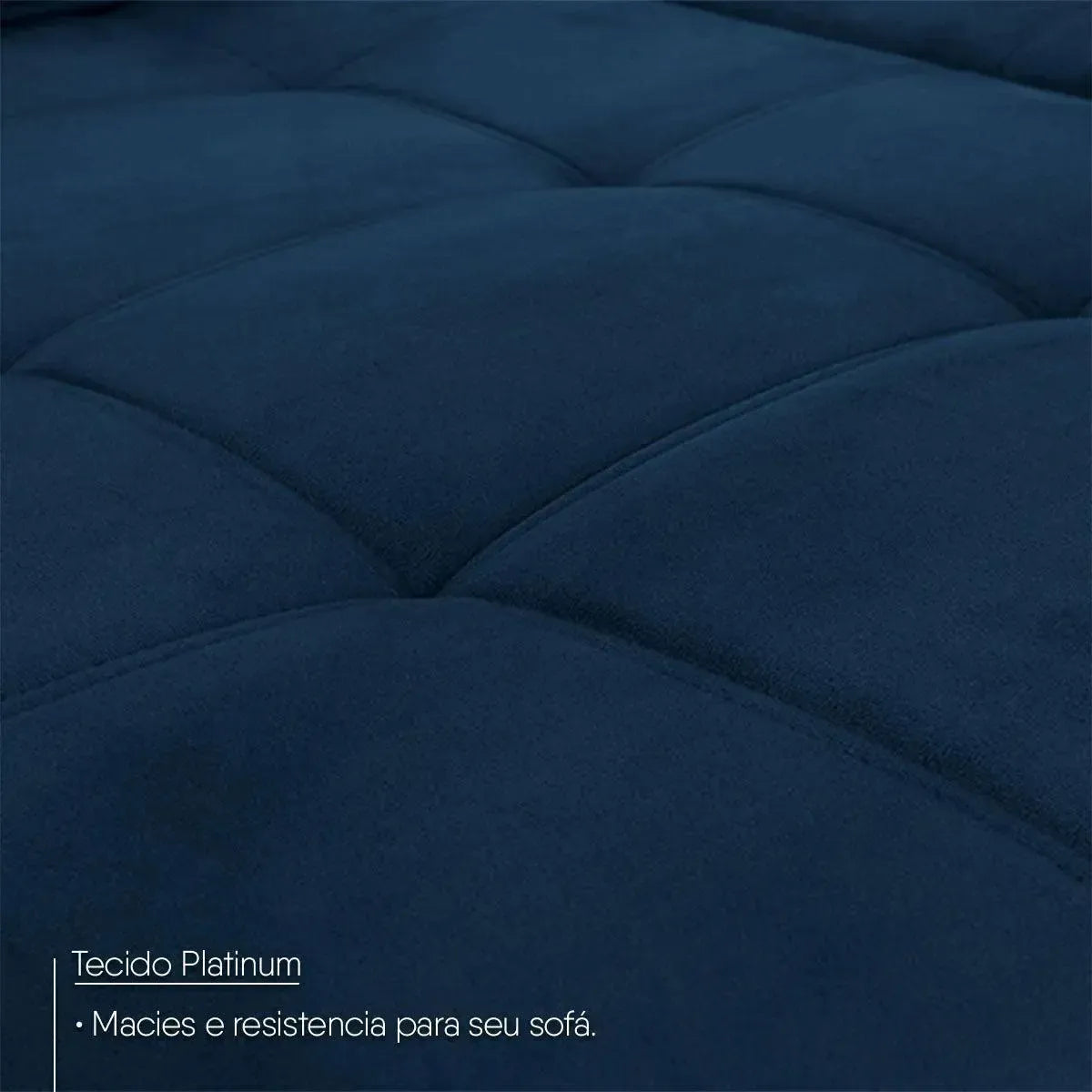 Sofá de canto Amsterdam azul em suede velut, com molas retrátil e reclinável, detalhe do tecido Platinum.