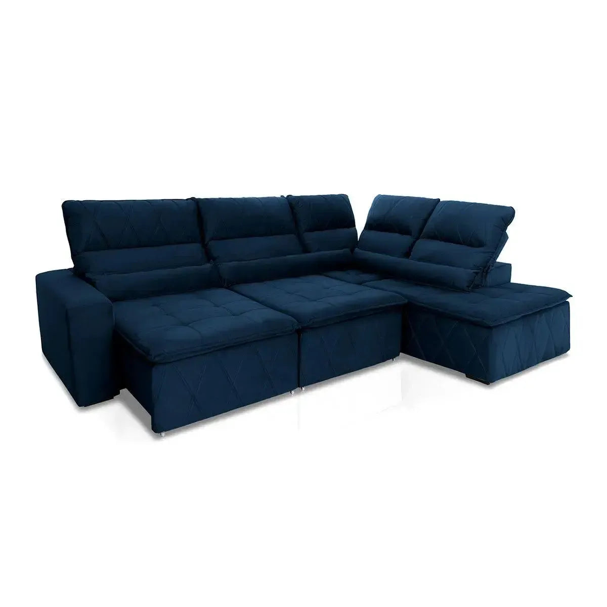 Sofá de canto Amsterdam azul em suede velut, retrátil e reclinável, com molas.