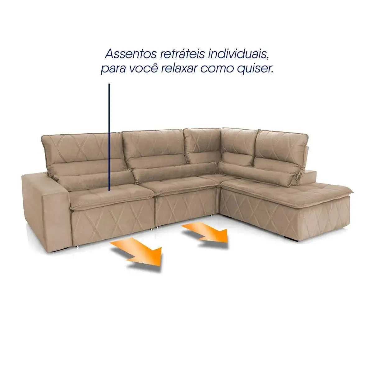 Sofá de canto Amsterdam bege em suede velut, com assentos retráteis e encostos reclináveis.