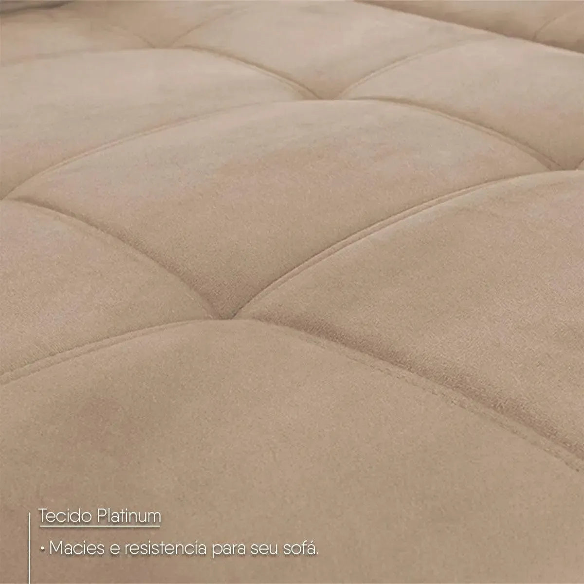 Sofá de canto Amsterdam bege com tecido suede velut platinum, molas retrátil e reclinável.