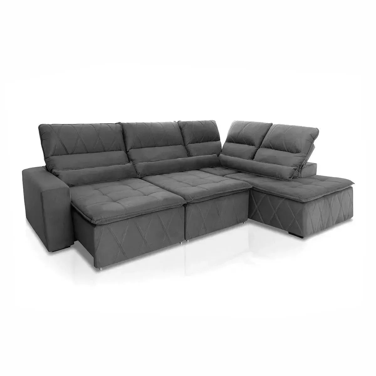 Sofá de canto Amsterdam cinza escuro, retrátil e reclinável, com estofamento em suede velut.