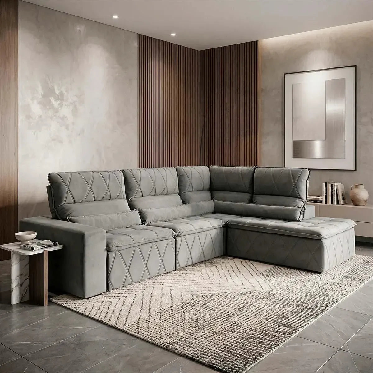 Sofá de canto Amsterdam cinza, retrátil e reclinável, com estofamento em suede velut e molas.