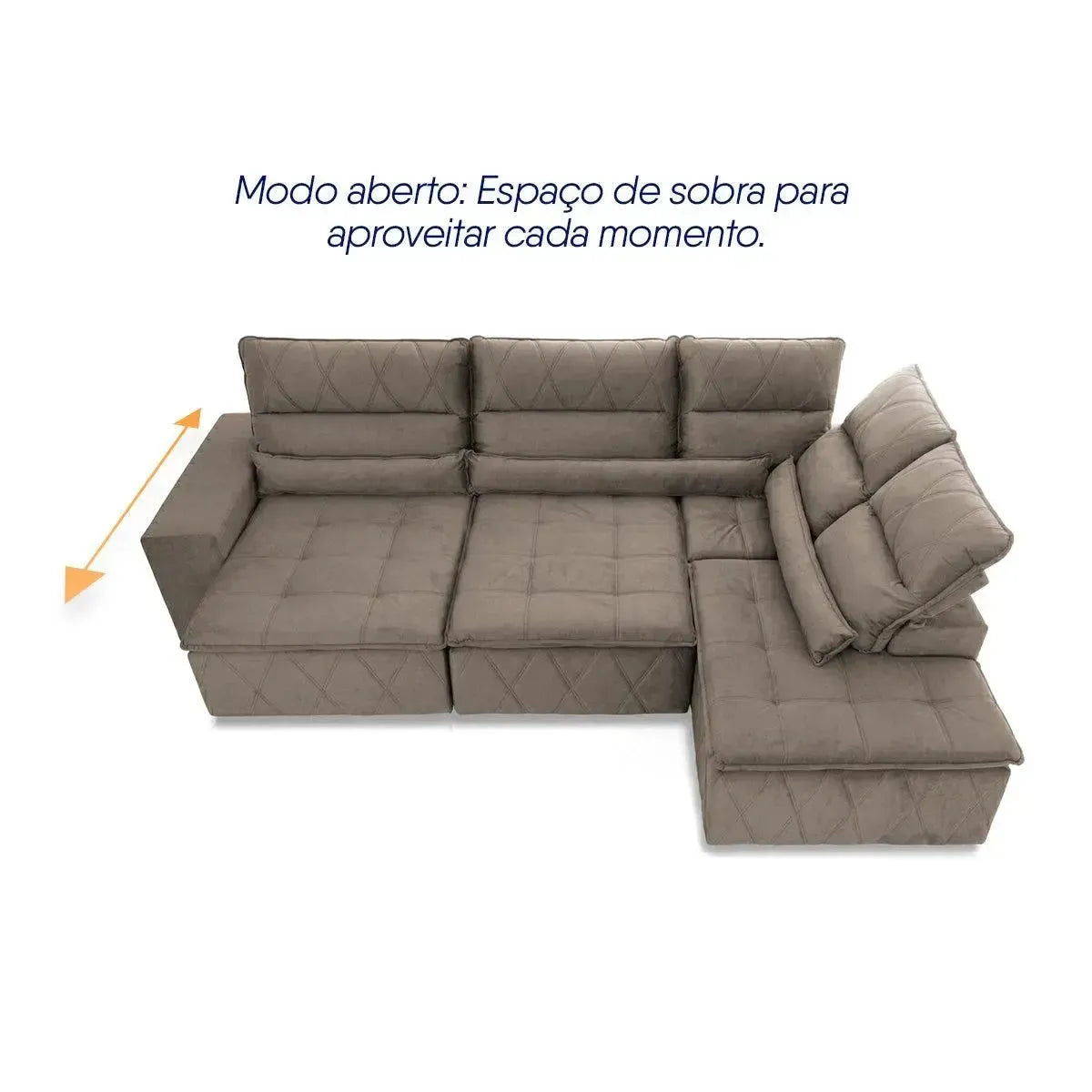 Sofá de canto Amsterdam marrom claro, retrátil e reclinável, com molas e estofamento em suede.