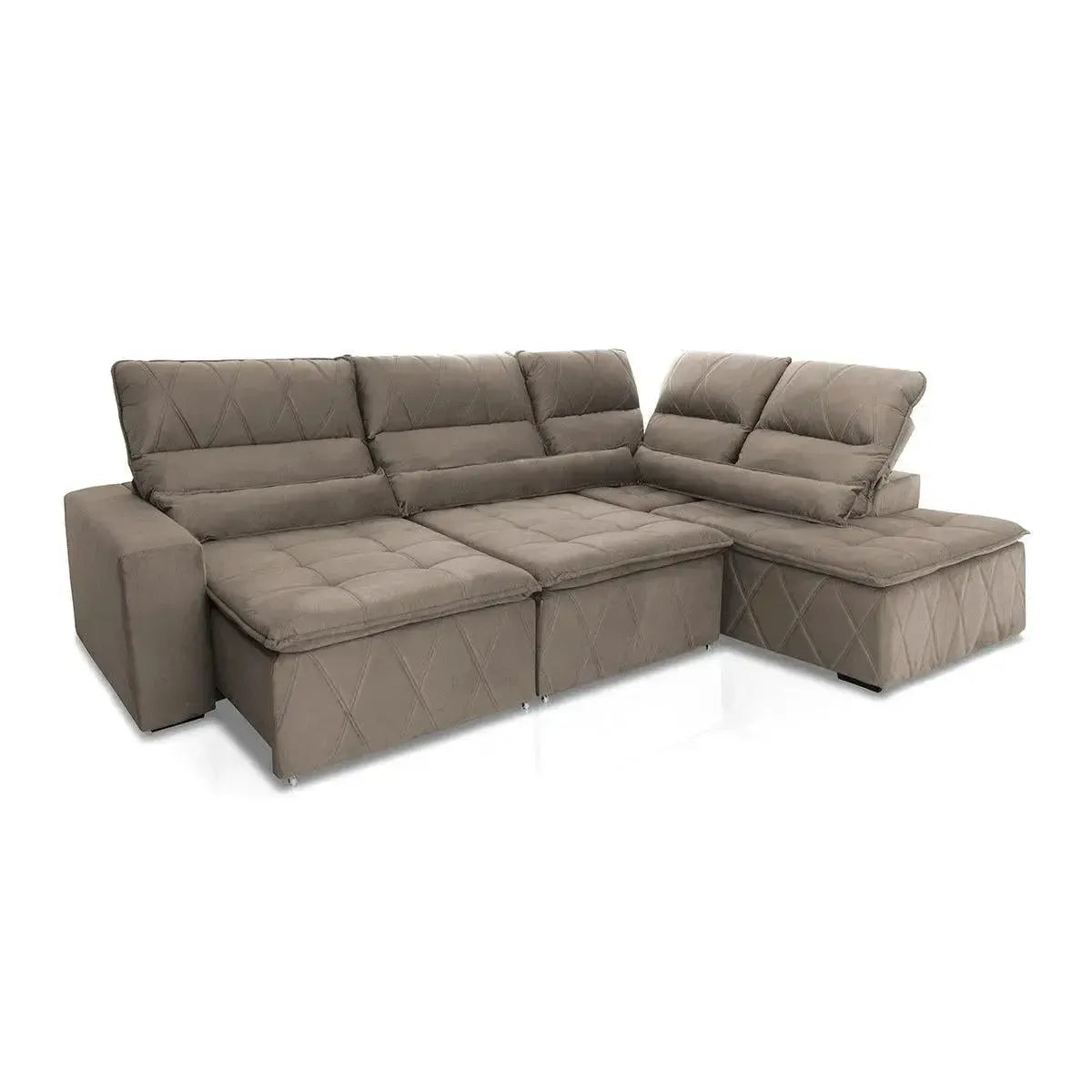 Sofá de canto Amsterdam marrom claro em suede velut, retrátil e reclinável, com molas.