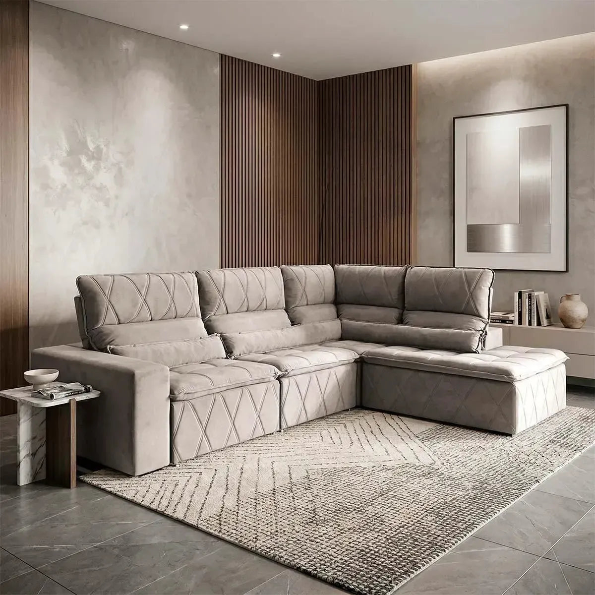 Sofá de canto Amsterdam retrátil reclinável em suede velut marrom claro com molas espirais.