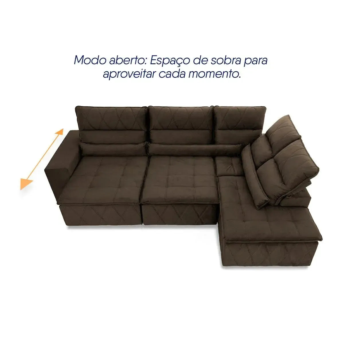 Sofá de canto Amsterdam marrom em suede velut, retrátil e reclinável, com molas espirais.