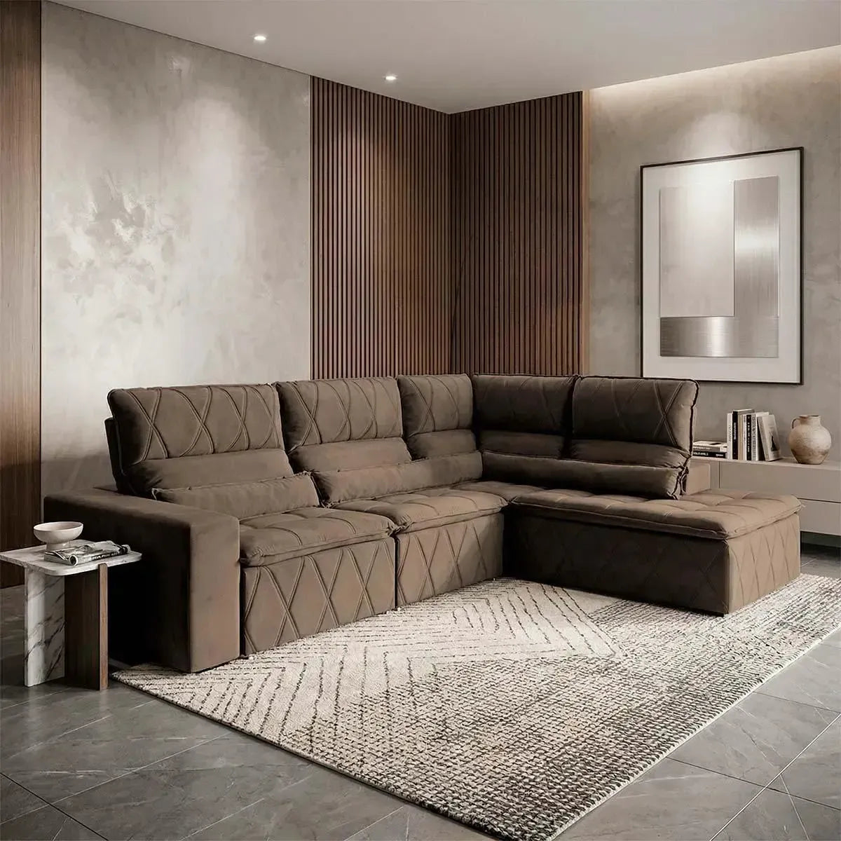 Sofá de canto Amsterdam marrom em suede, retrátil e reclinável, com molas e design moderno.