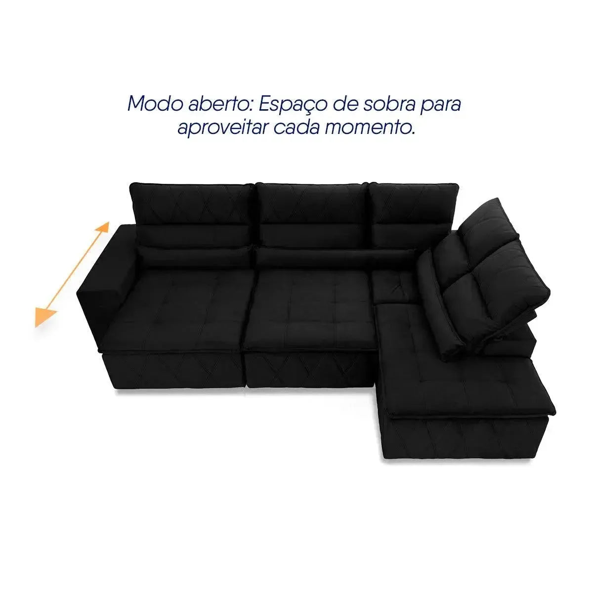 Sofá de canto Amsterdam preto, retrátil e reclinável, em suede velut, com assento estendido.