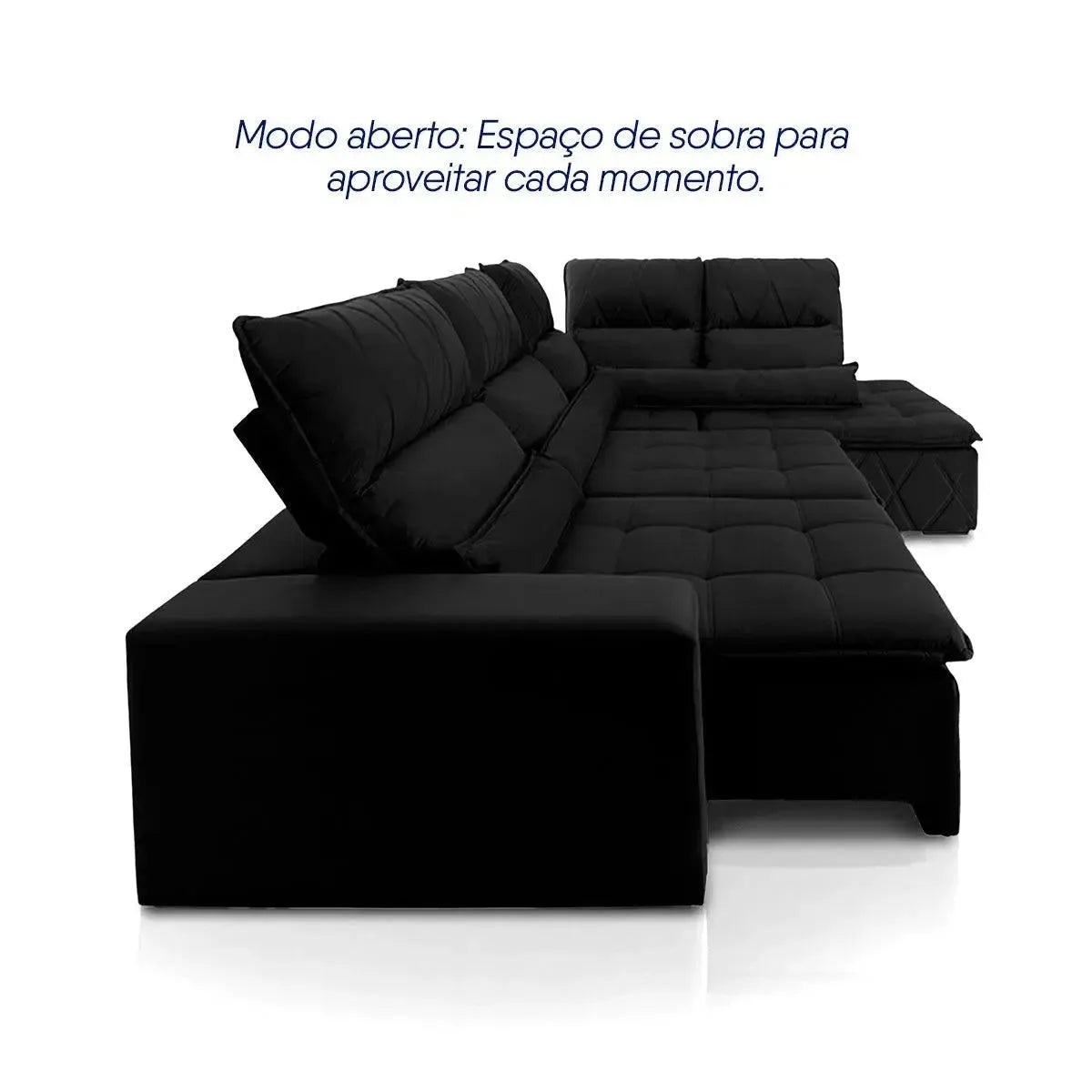 Sofá de canto Amsterdam preto em suede velut, retrátil e reclinável, com molas espirais.