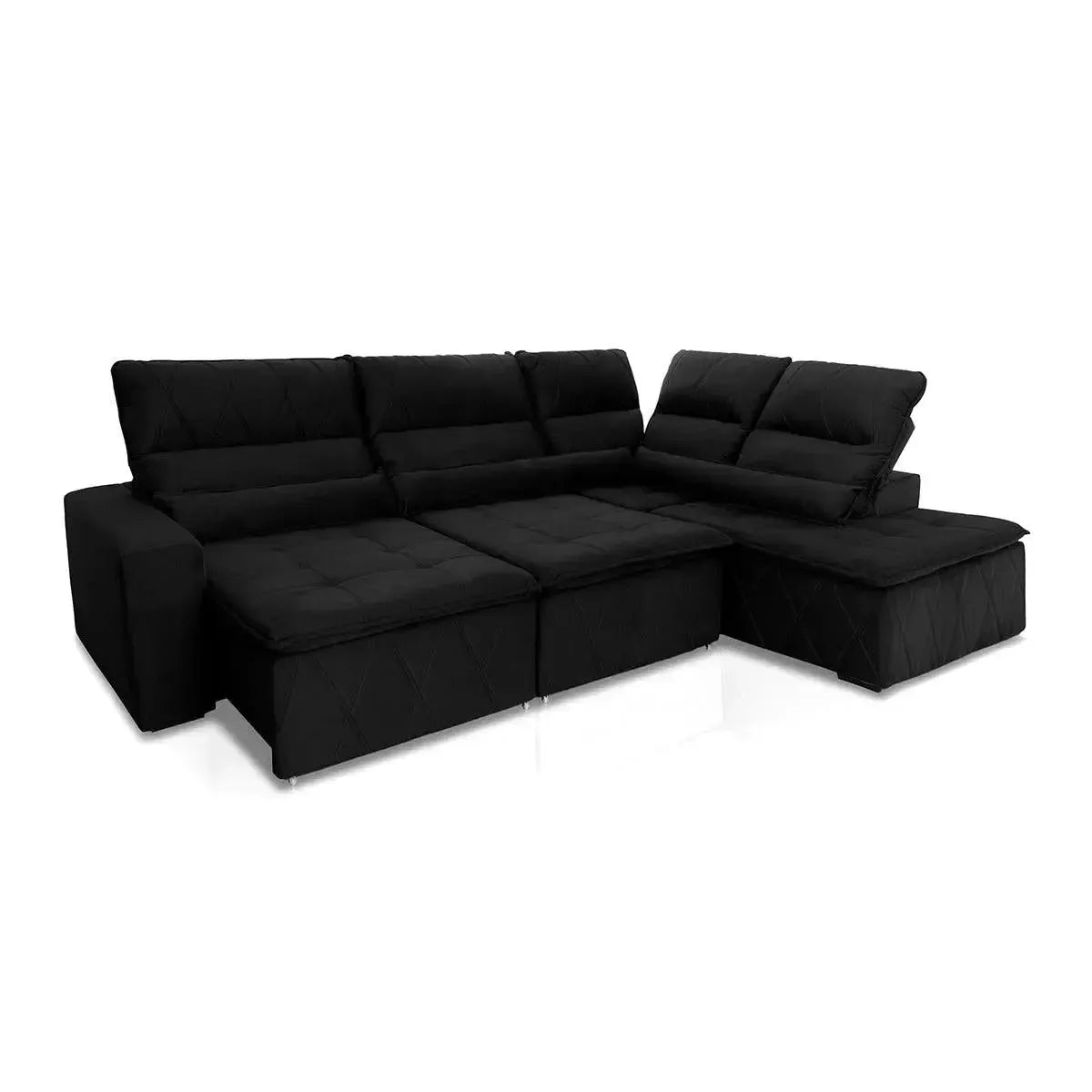 Sofá de canto Amsterdam preto em suede velut, retrátil e reclinável, com molas espirais.