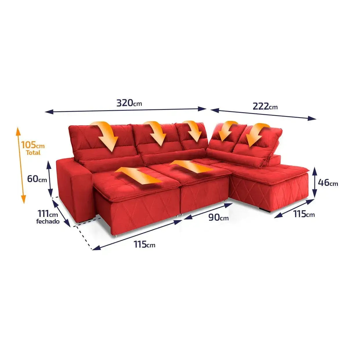 Sofá de canto Amsterdam vermelho em suede velut, retrátil e reclinável, com dimensões detalhadas.