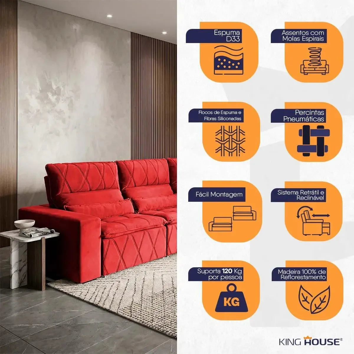 Sofá de canto Amsterdam vermelho em suede velut, retrátil e reclinável, com molas espirais e espuma D33.