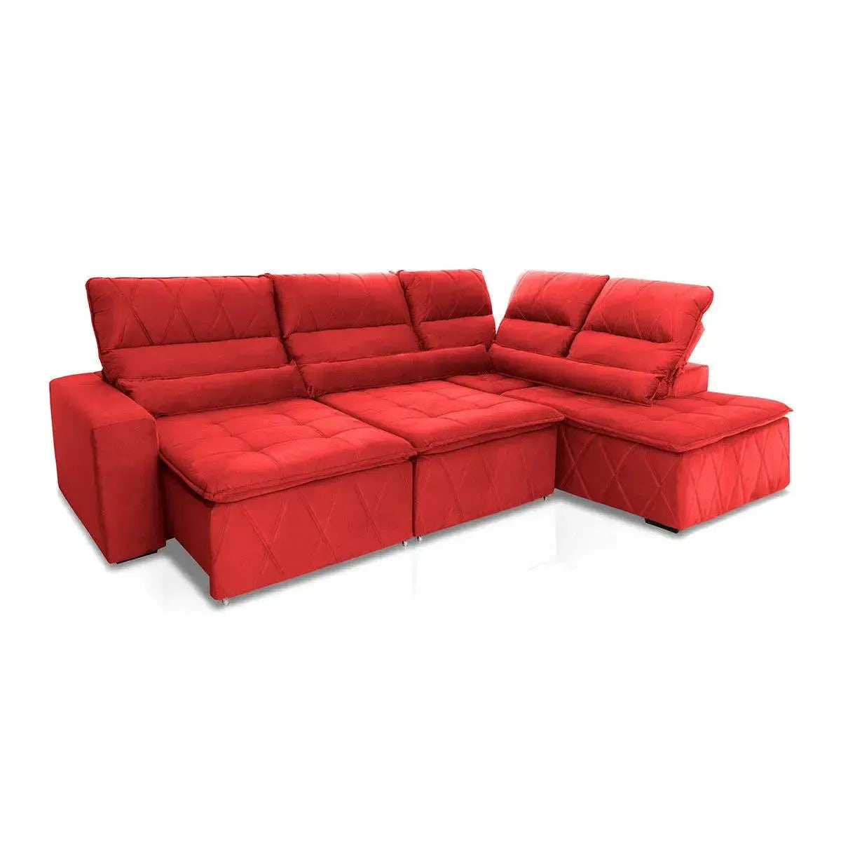 Sofá de canto Amsterdam vermelho em suede, retrátil e reclinável, com molas espirais.