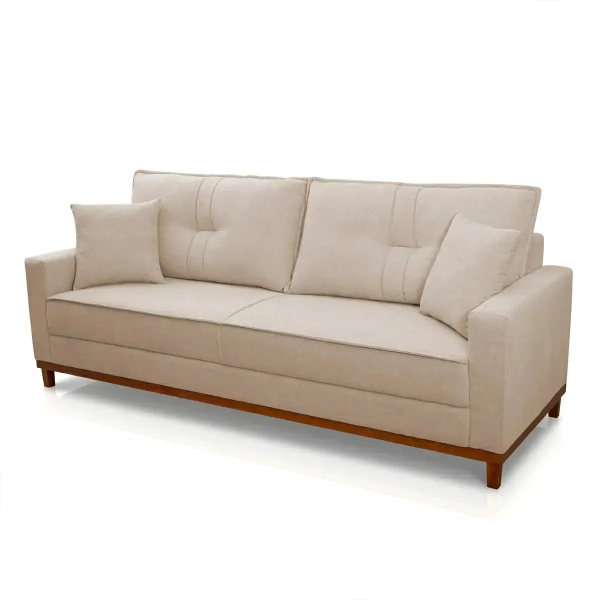 Sofá Living Malibu bege bouclê de 2,00m com design moderno e base de madeira.