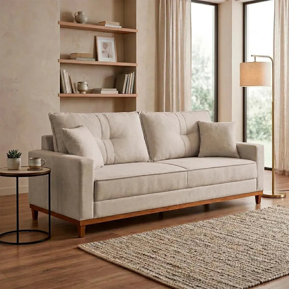 Sofá Living Malibu 2,00m bege bouclê com base de madeira, almofadas macias e design moderno.