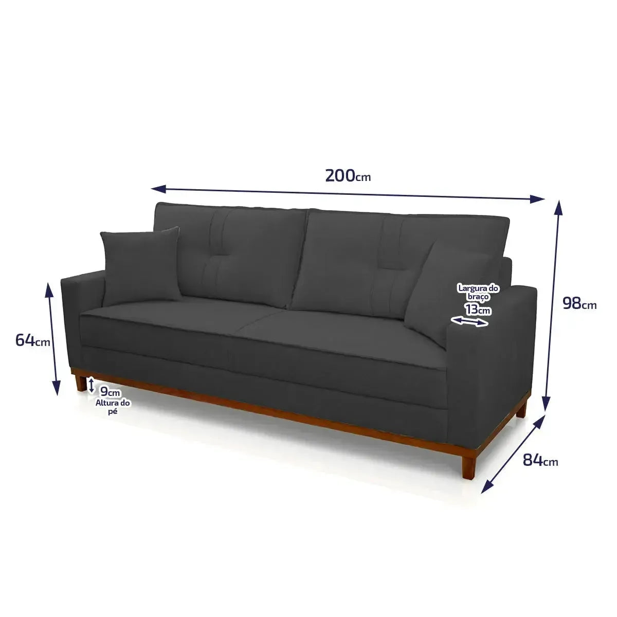 Sofá Living Malibu 2,00m grafite bouclê, design moderno com pés de madeira e almofadas laterais.