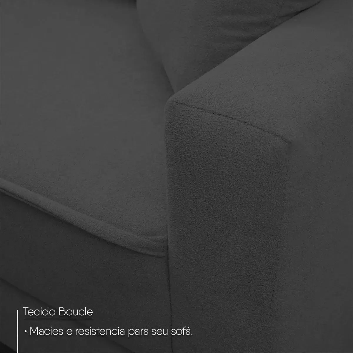 Sofá Living Malibu grafite bouclê, detalhe do tecido macio e resistente.