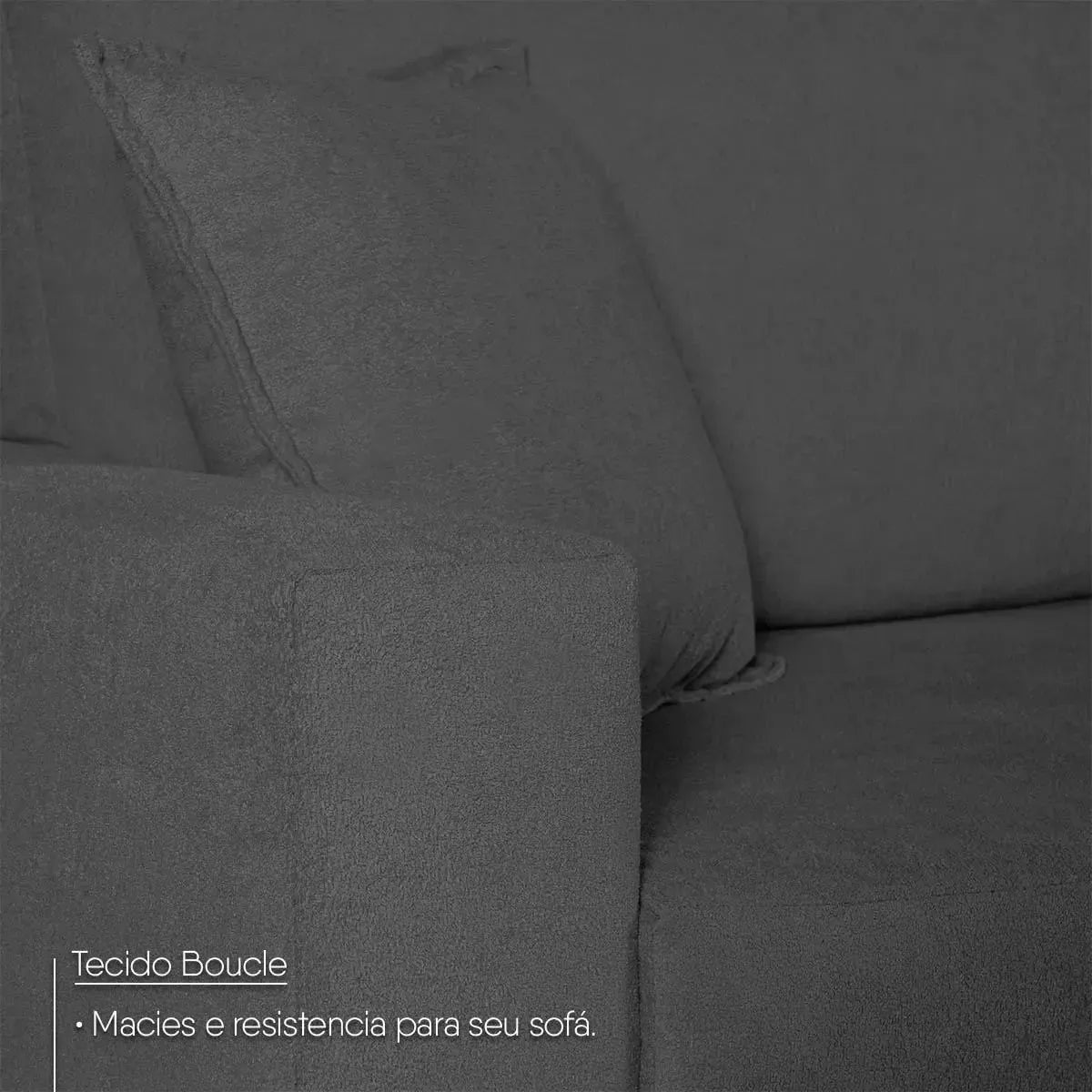 Sofá Living Marau 1,50m em bouclê grafite, com textura macia e resistente.