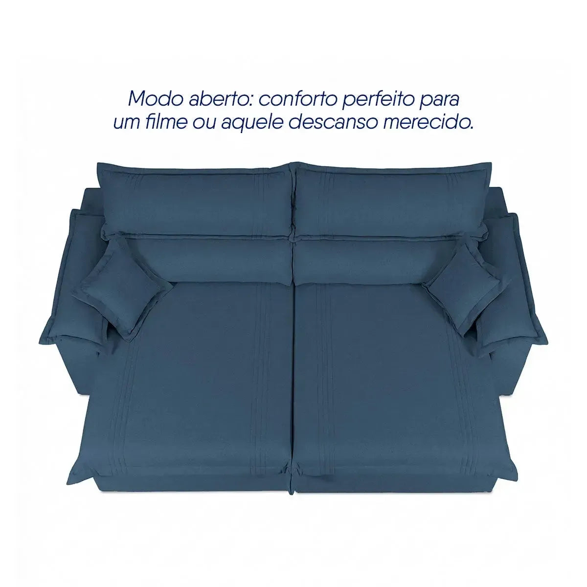 Sofá retrátil reclinável Nivus azul de linho rústico, com assento estendido para conforto.