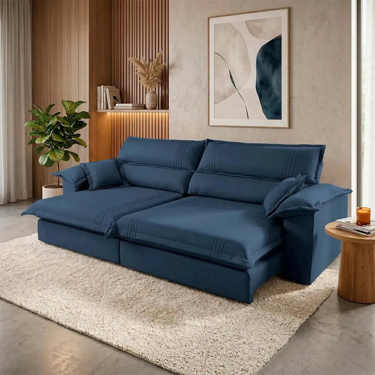 Sofá retrátil reclinável Nivus azul de linho rústico com molas ensacadas, em sala moderna.