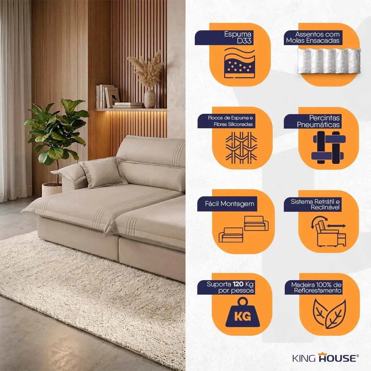 Sofá retrátil reclinável Nivus bege de 2,30m com molas ensacadas e design moderno.