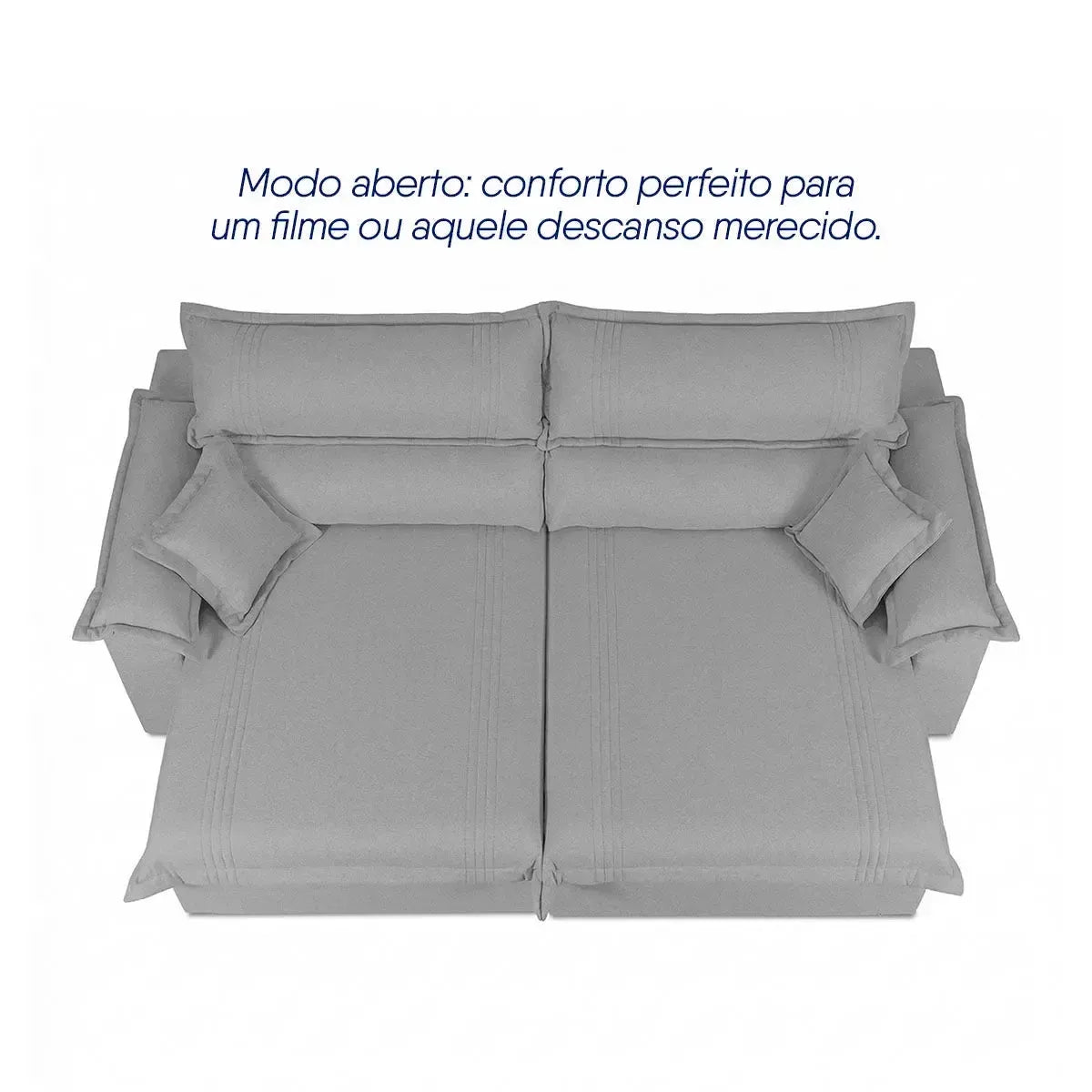 Sofá retrátil reclinável Nivus cinza de linho rústico, com assento estendido e encosto reclinado.