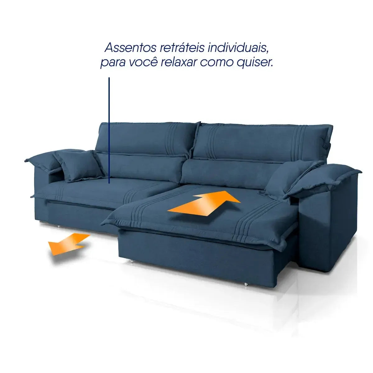 Sofá retrátil reclinável Nivus azul de linho rústico com molas ensacadas e assentos individuais.