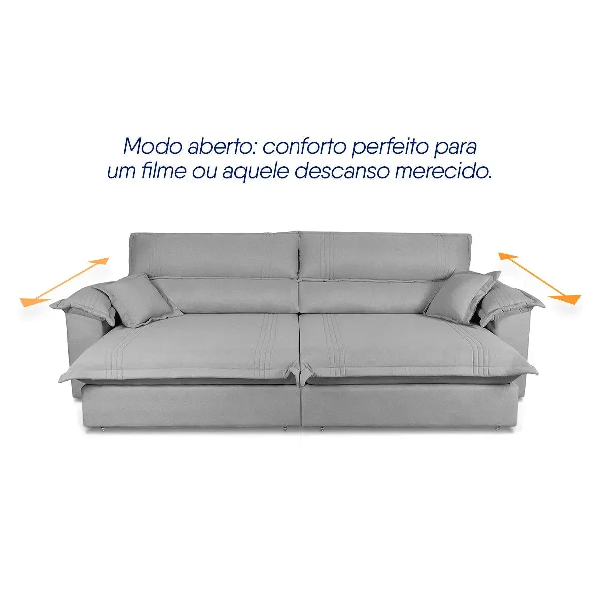 Sofá retrátil reclinável Nivus cinza de linho rústico com molas ensacadas, assento estendido.