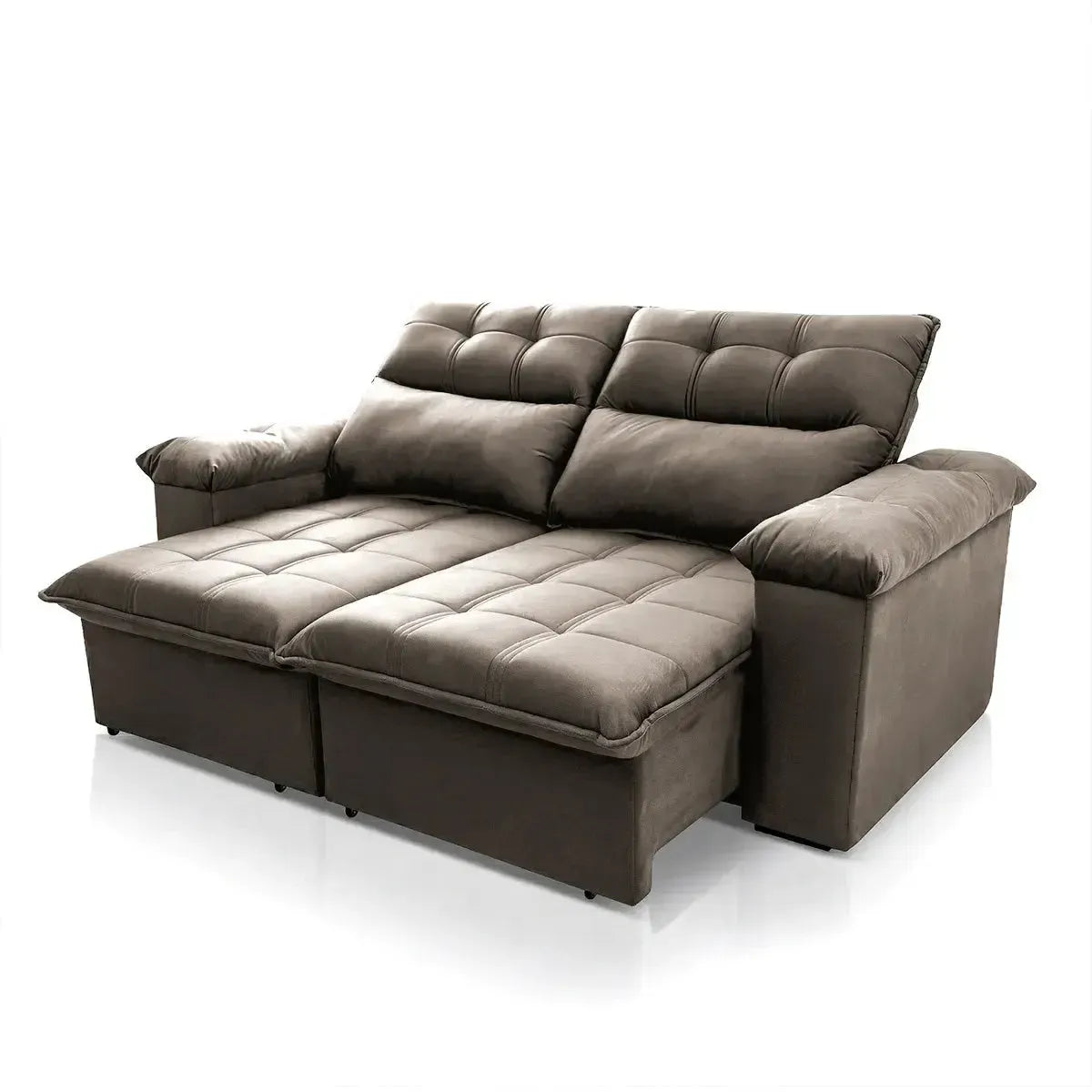 Sofá retrátil reclinável Verona 1,50m em suede velut marrom claro com molas no assento.