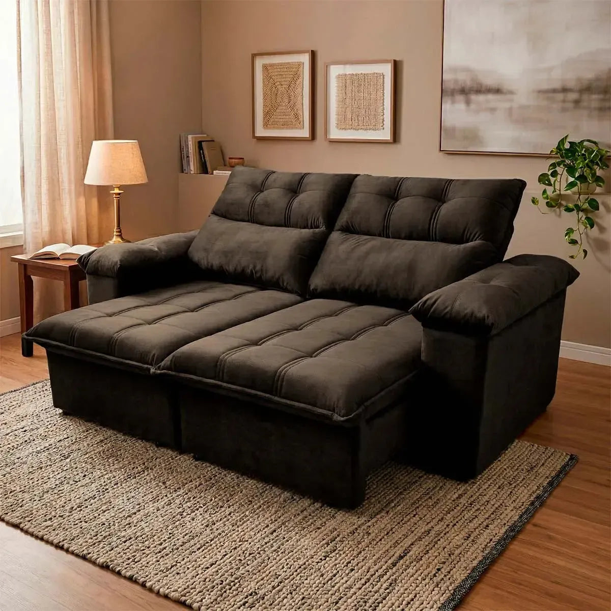 Sofá retrátil reclinável Verona 1,50m em suede velut marrom, com molas no assento, em sala aconchegante.